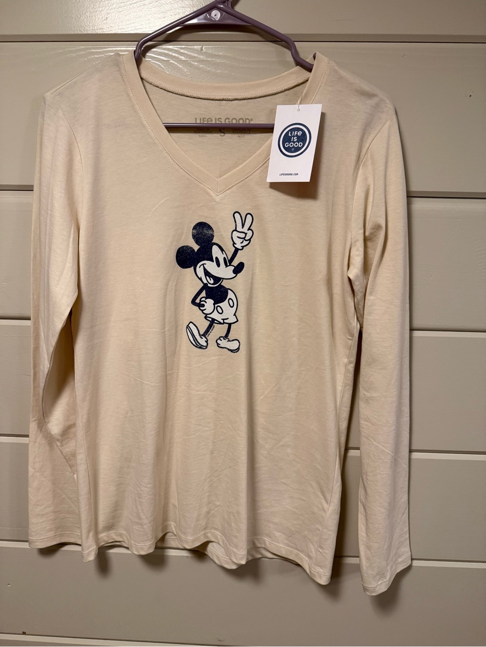 Life Is Good Cream Long Sleeve V-Neck with Navy Mickey Graphic
